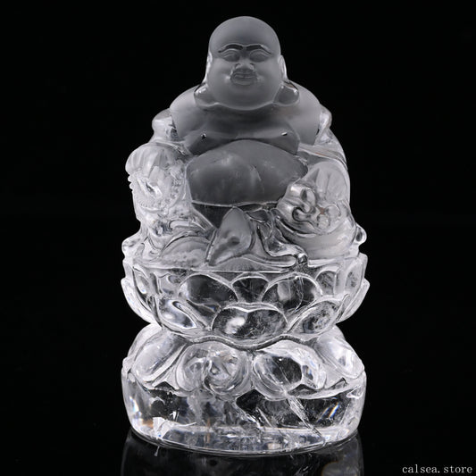 Clearquartz Smile Buddha Sculpture Crystal Healing Hand Carved