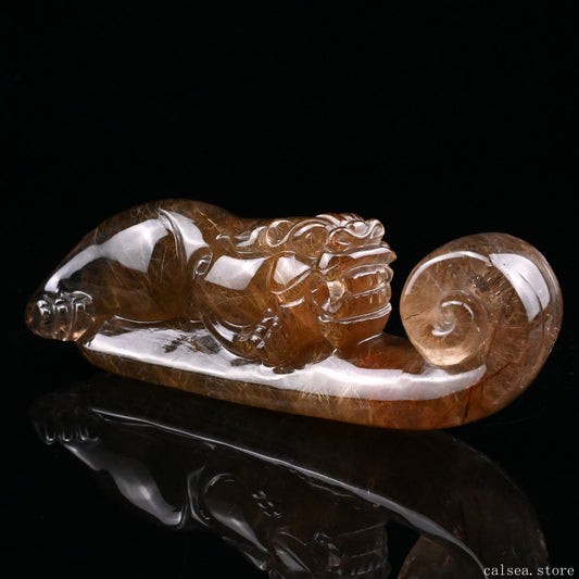Golden Rutile,Rutilated PiXiu Sculpture Crystal Healing Hand Carved
