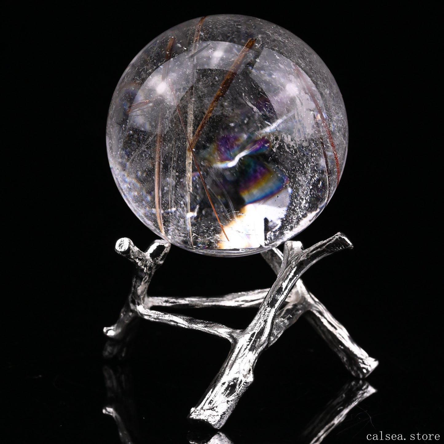 1.87'' Rainbow Copper Rutile With Black Mica Sphere Crystal Healing Hand Carved Sphere/Ball