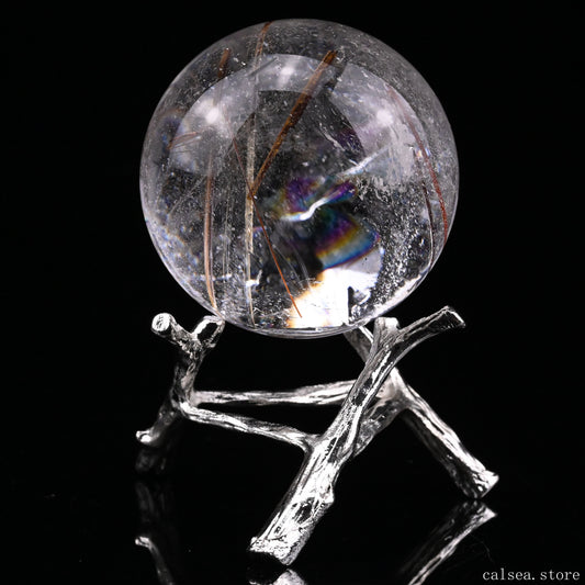 1.87'' Rainbow Copper Rutile With Black Mica Sphere Crystal Healing Hand Carved Sphere/Ball