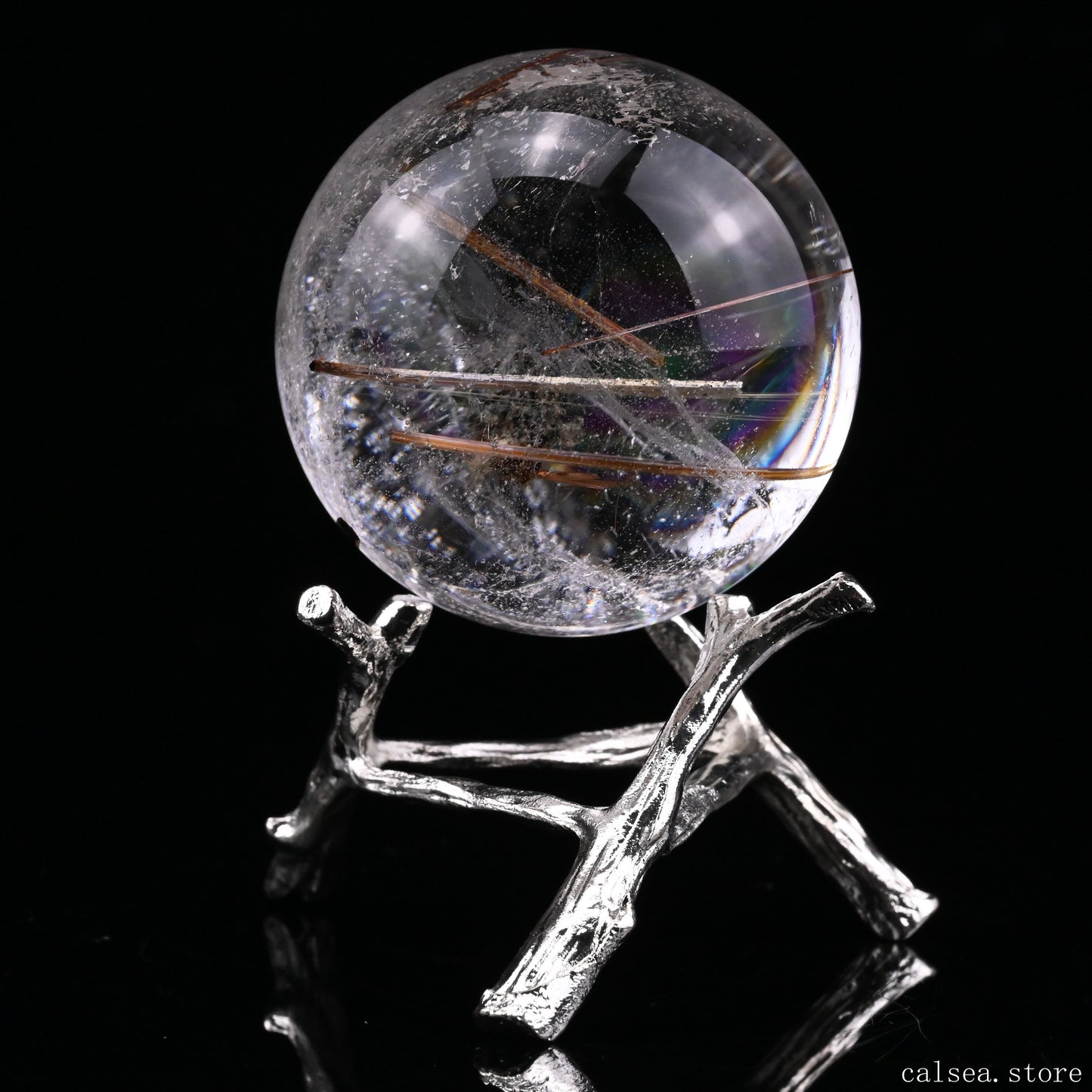 1.87'' Rainbow Copper Rutile With Black Mica Sphere Crystal Healing Hand Carved Sphere/Ball