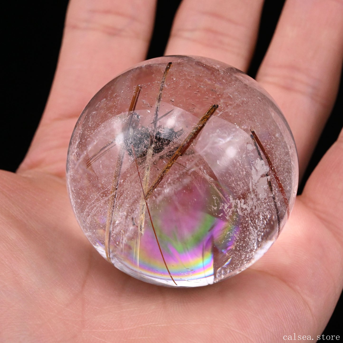 1.87'' Rainbow Copper Rutile With Black Mica Sphere Crystal Healing Hand Carved Sphere/Ball