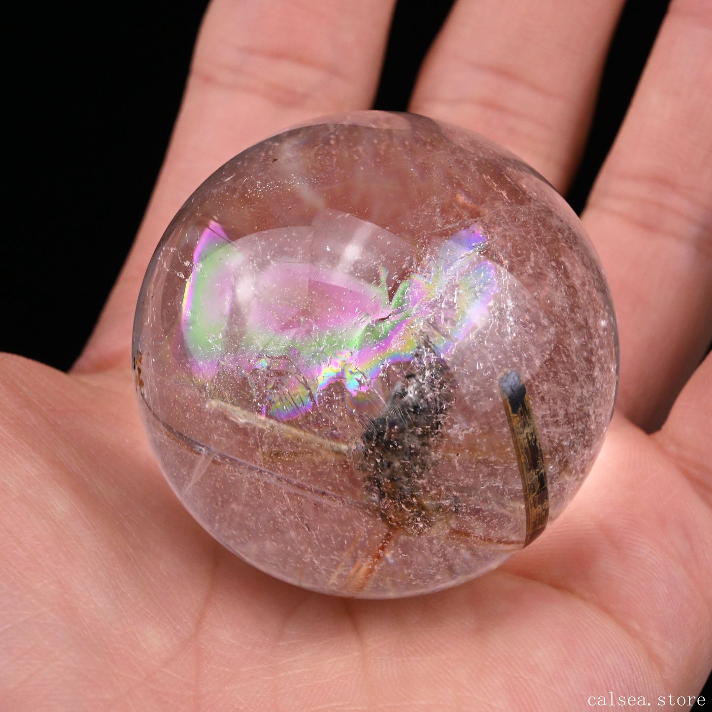 1.87'' Rainbow Copper Rutile With Black Mica Sphere Crystal Healing Hand Carved Sphere/Ball