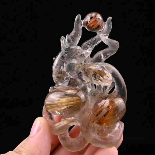 Golden Rutile,Rutilated Nine Tail Fox Sculpture Crystal Healing Hand Carved Super Realistic