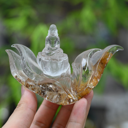 Goldenhealer Lotus Practicing Monks Sculpture Crystal Healing Hand Carved