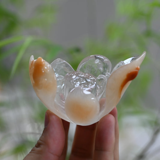 Rabbit Fur Golden Rutile,Rutilated Lotus Sculpture Crystal Healing Hand Carved